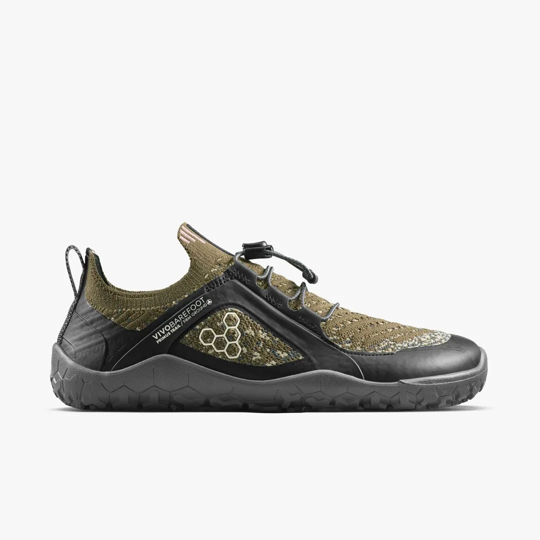 Кроссовки Vivobarefoot Primus Trail Knit FG Grounding — мужская модель, тёмно-оливковый